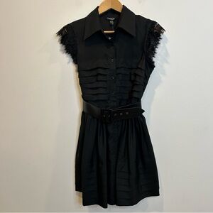 Bebe Angel Belted Sleeveless Shirt Dress Lace Trim Black Silk